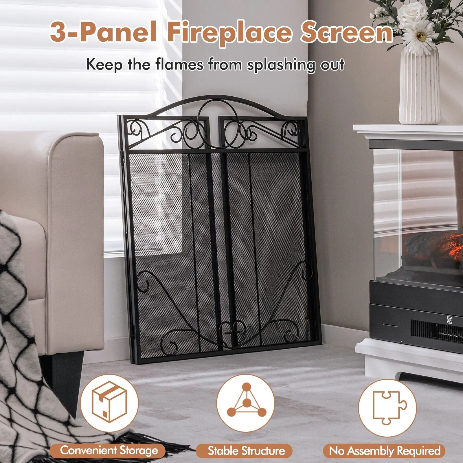 3-Panel Folding Metal Fireplace Screen with Leaves Decoration