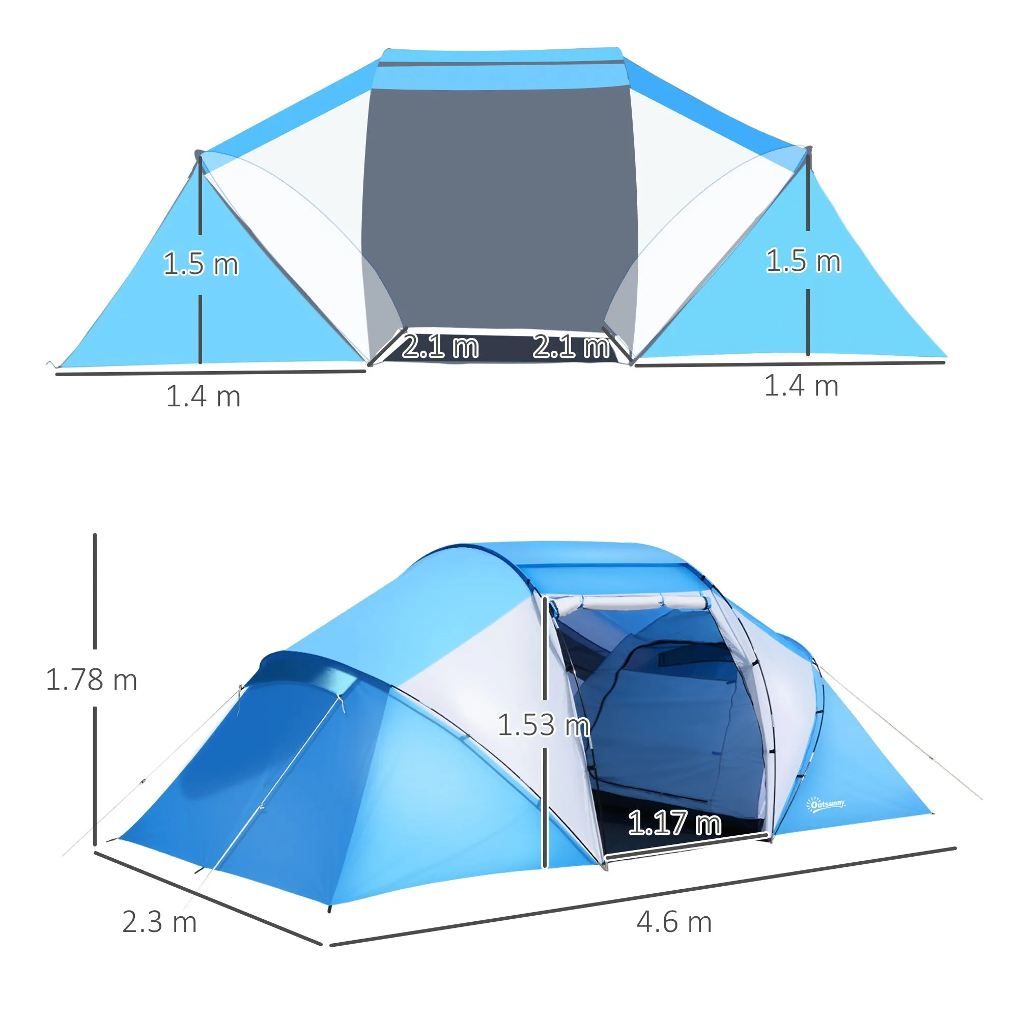 4-6 Man Camping Tent w/ Two Bedroom, Hiking Sun Shelter, UV Protection Tunnel Tent, Blue and White