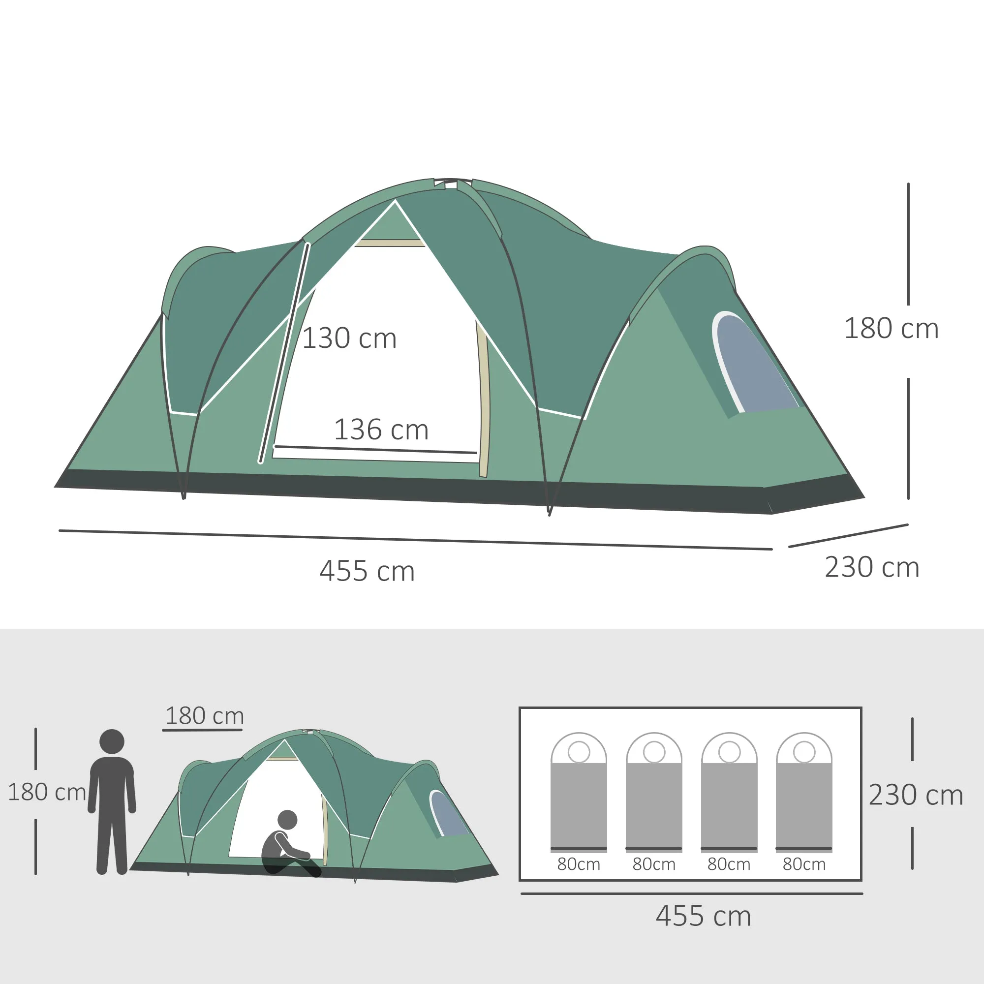 5-6 Man Dome Camping Tent Hiking Shelter UV Protection 3000mm Water Resistant Tunnel Tent - Green