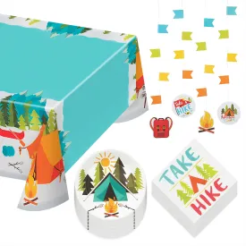 Camping Adventure Party Pack - Paper Dessert Plates, Take A Hike Lunch Napkins, Table Cover, and Hanging Cutouts (Serves 16)