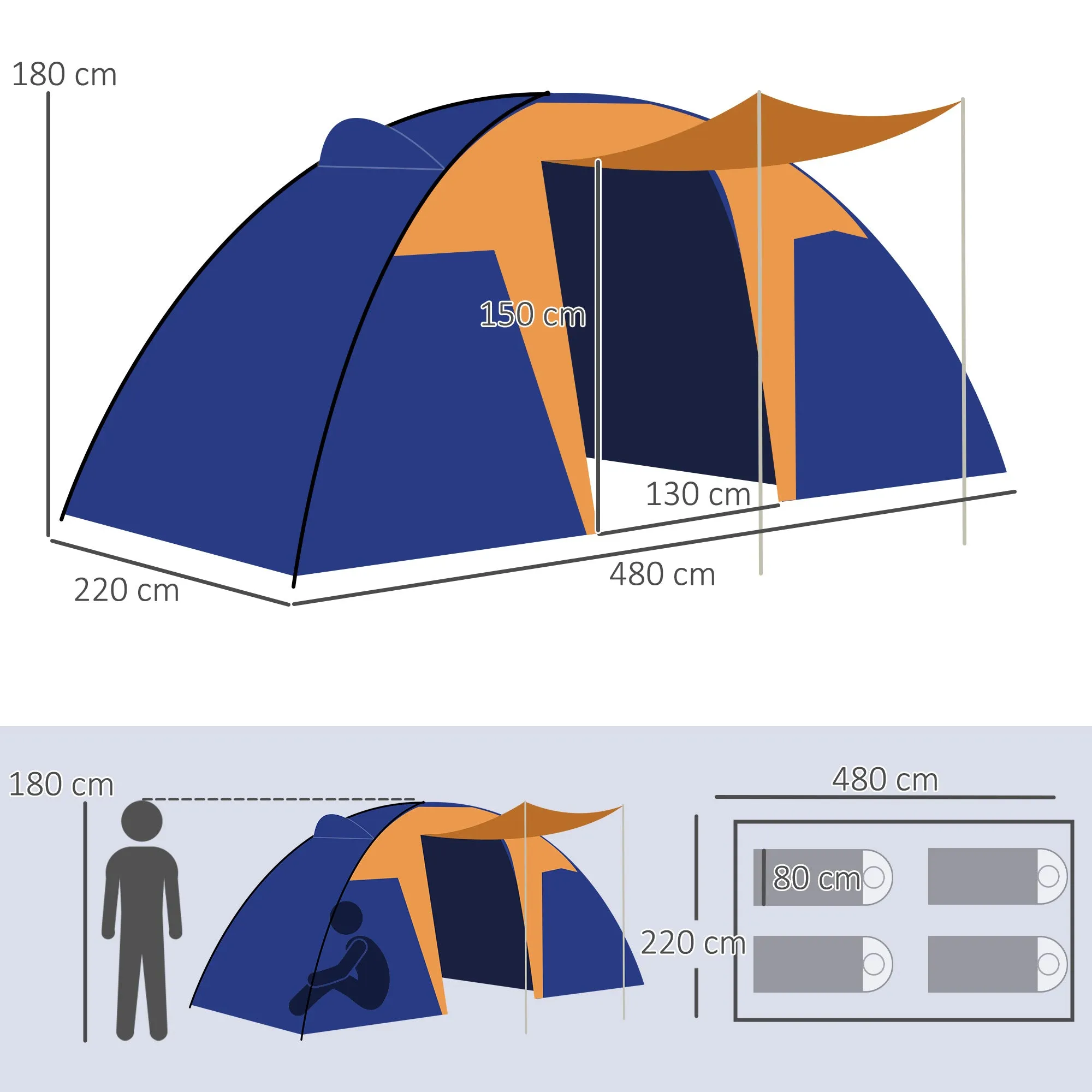 Camping Tent with 2 Bedroom, Living Area and Porch, 4-6 Man Large Tunnel Tent, 2000mm Waterproof, Portable with Bag