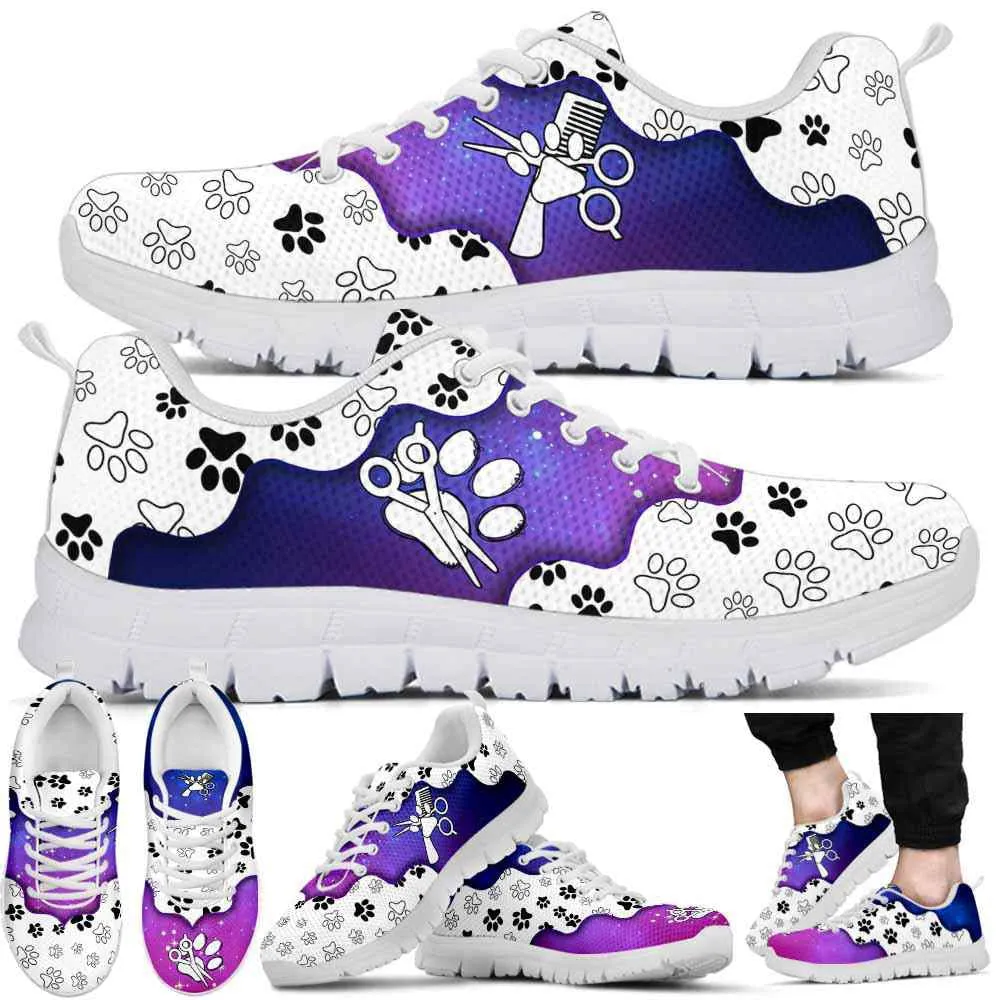 Dog Groomer Sneaker, White Purple Pink Dog Groomer Paw Sneakers Shoes, Best Running Shoes, Unique Gifts For Dog Lovers