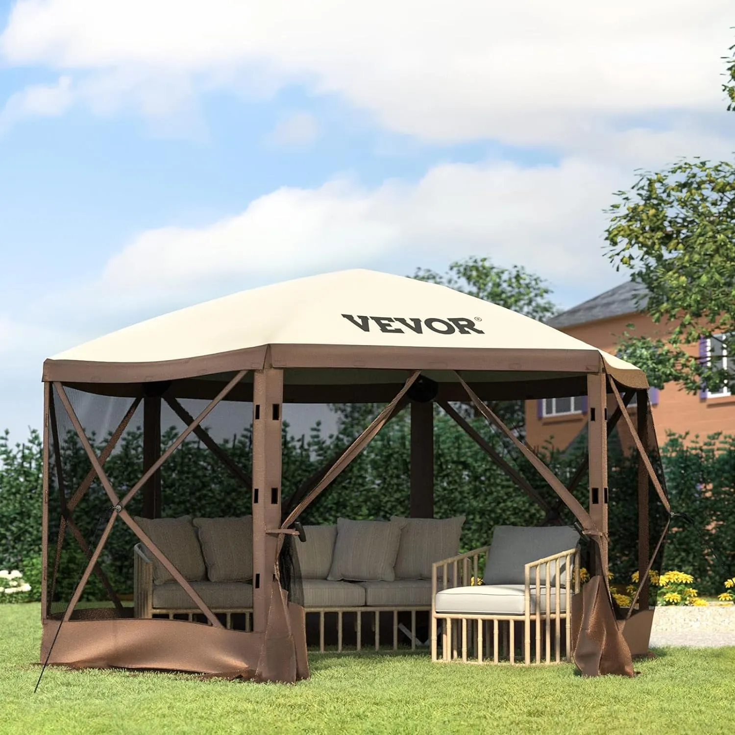 Pop up Gazebo Screen Tents, Pavilion Gazebo Tent, 12 X 12 Ft 6-Sided Camping Gazebo Instant Canopy Sun Shelter with 6 Removable Privacy Wind Cloths, Mosquito Netting, for Patio, Backyard, Lawn